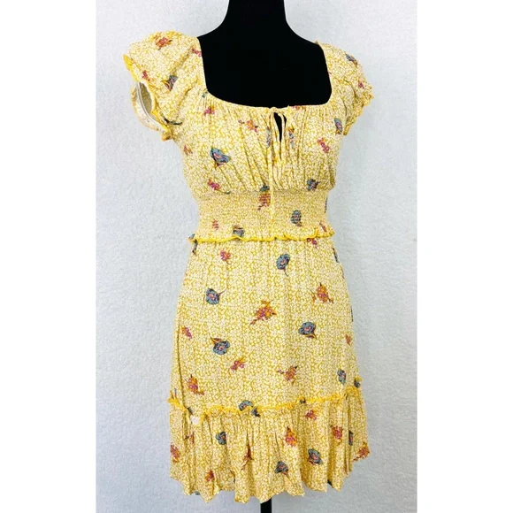 ALL IN FAVOR • Yellow Floral Ruffle Mini Dress, XS - Picture 3 of 16